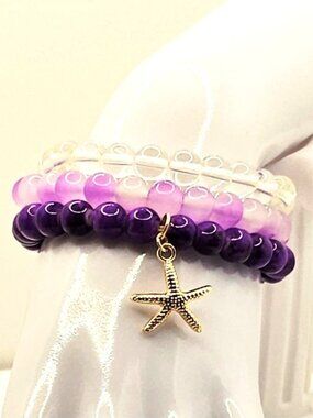 Purple Bracelet Stack, Lavender Beach Bracelet, Starfish Charm Jewelry, Coastal